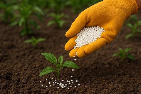 Urea fertilizer granules being applied to a plant